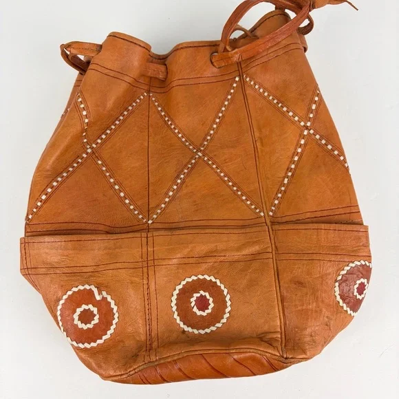 VTG Genuine Leather Drawstring Whipstitch Patchwork Bucket Bag Vintage - Picture 7 of 12